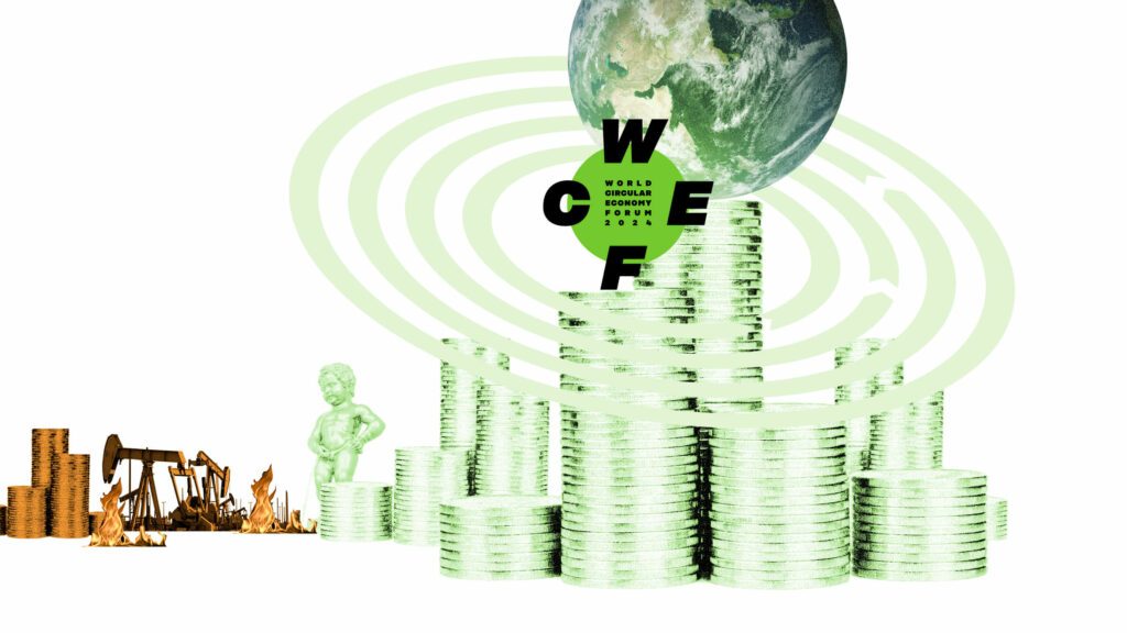 Money piled, oil drill, Manneken pis, globe and the WCEF2024 logo